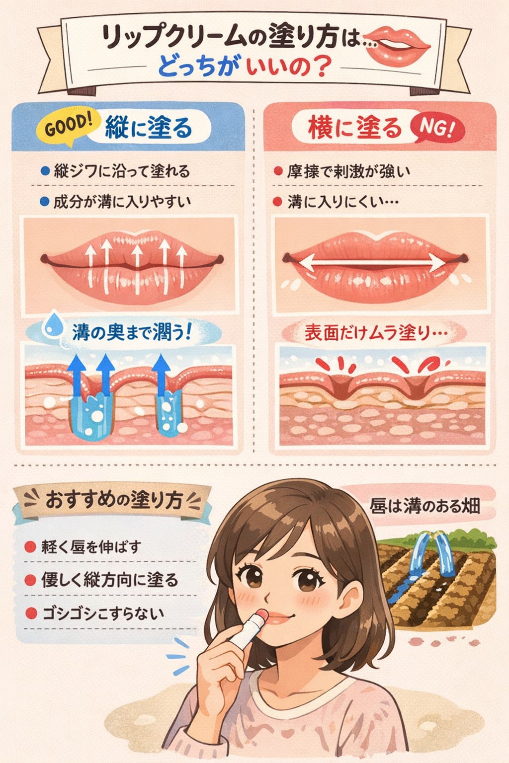 リップクリームは唇に塗る時 唇の横ではなく縦に塗った方がいいというのは本当ですか？ | の人気AIイラスト・グラビア