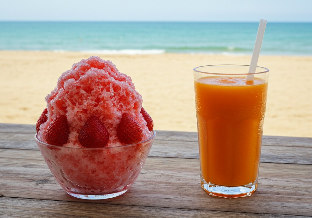 デザートのかき氷と人参ジュースのセット
