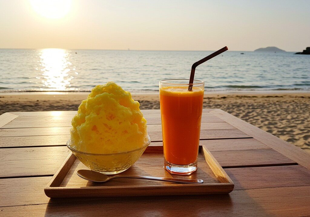 デザートのかき氷と人参ジュースのセット