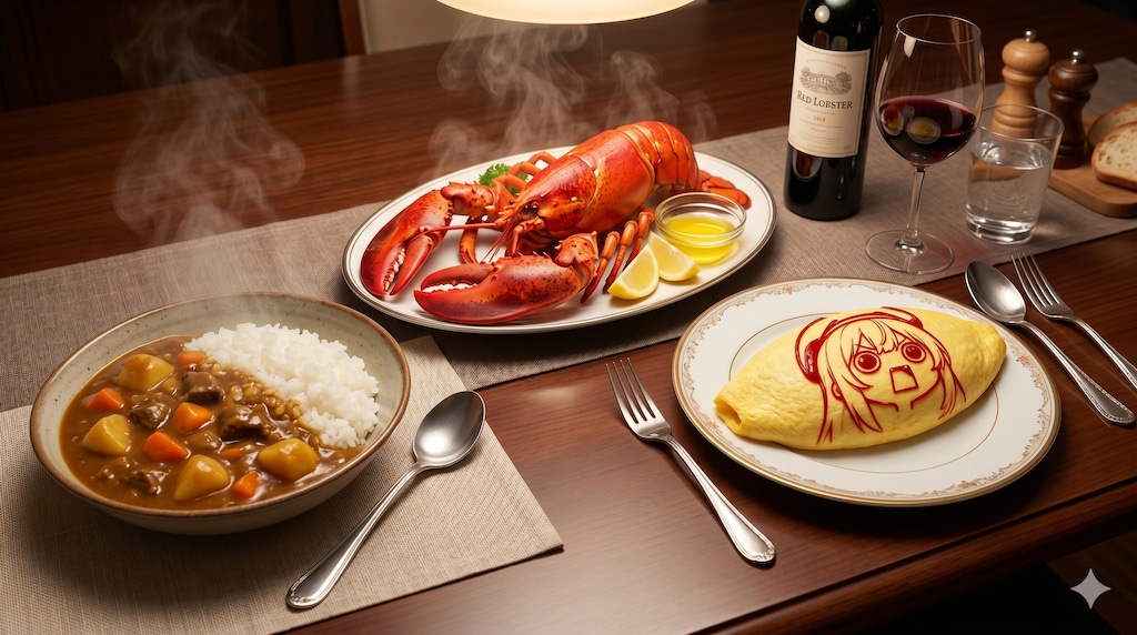 摩訶不思議食堂のカレーライスとロブスターとオムレツとワインのセット