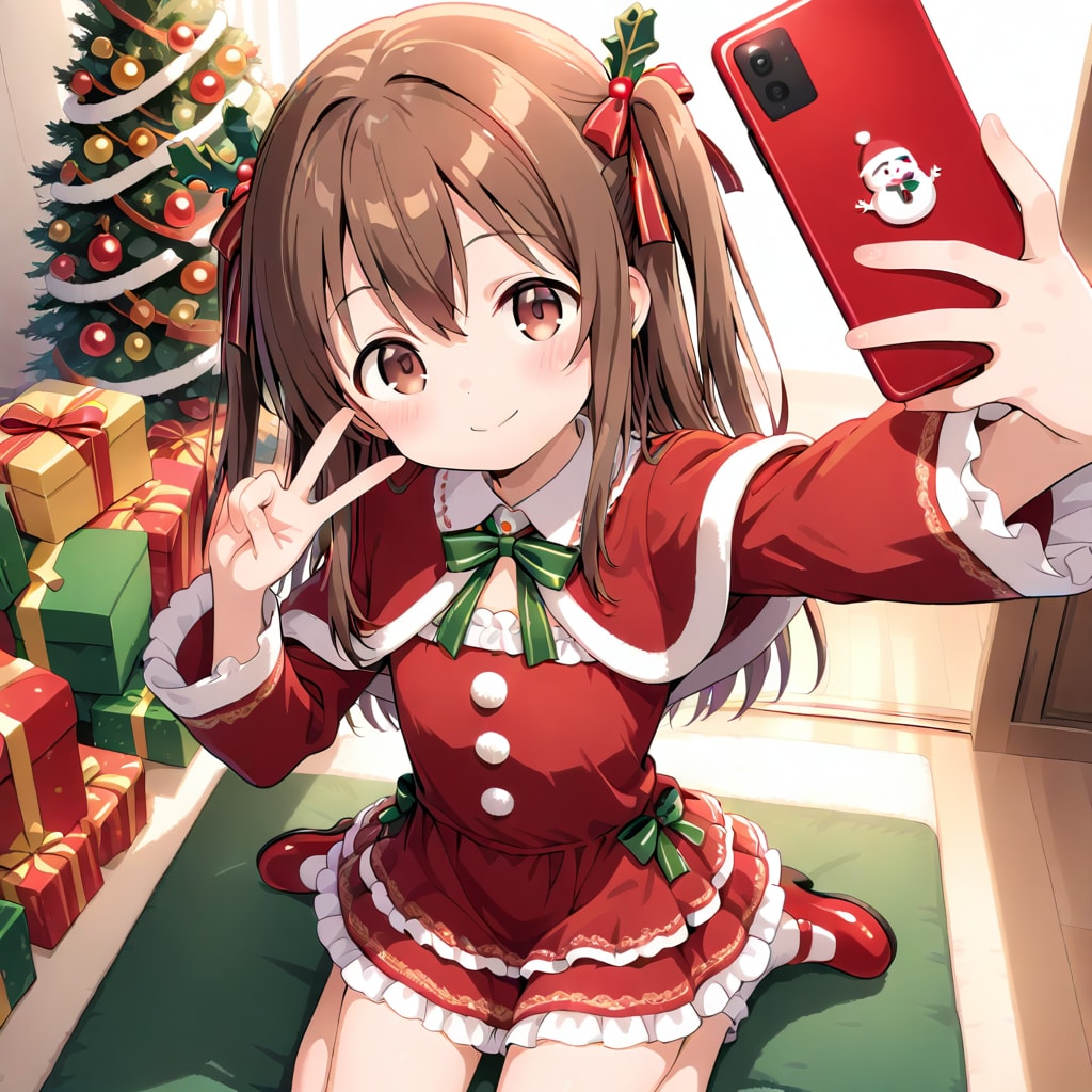 「クリスマスの準備バッチリ！」ってこれから投稿しようとしているサンタさん（セルフィー）