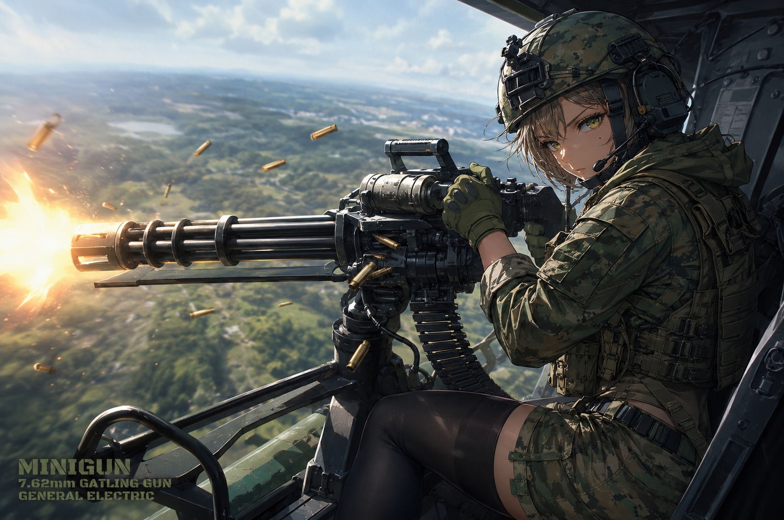 ミニガンを撃つ女性軍人