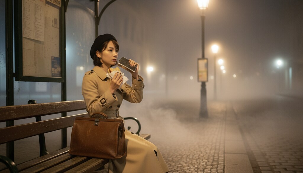 深夜0時、異国のバス停で。 #サンドウィッチ食べた