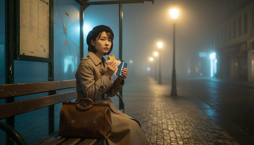 深夜0時、異国のバス停で。 #サンドウィッチ食べた