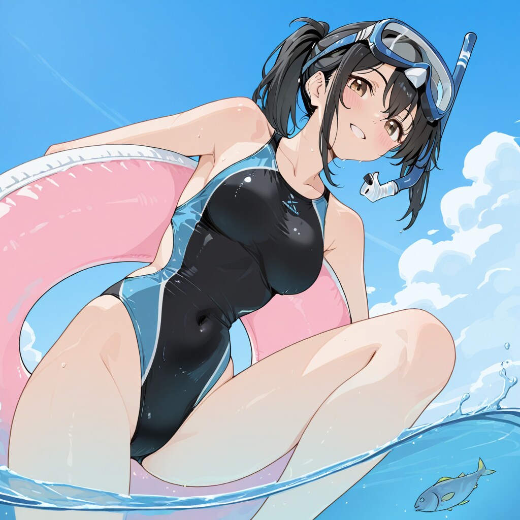 浮き輪を持つ競泳水着の少女