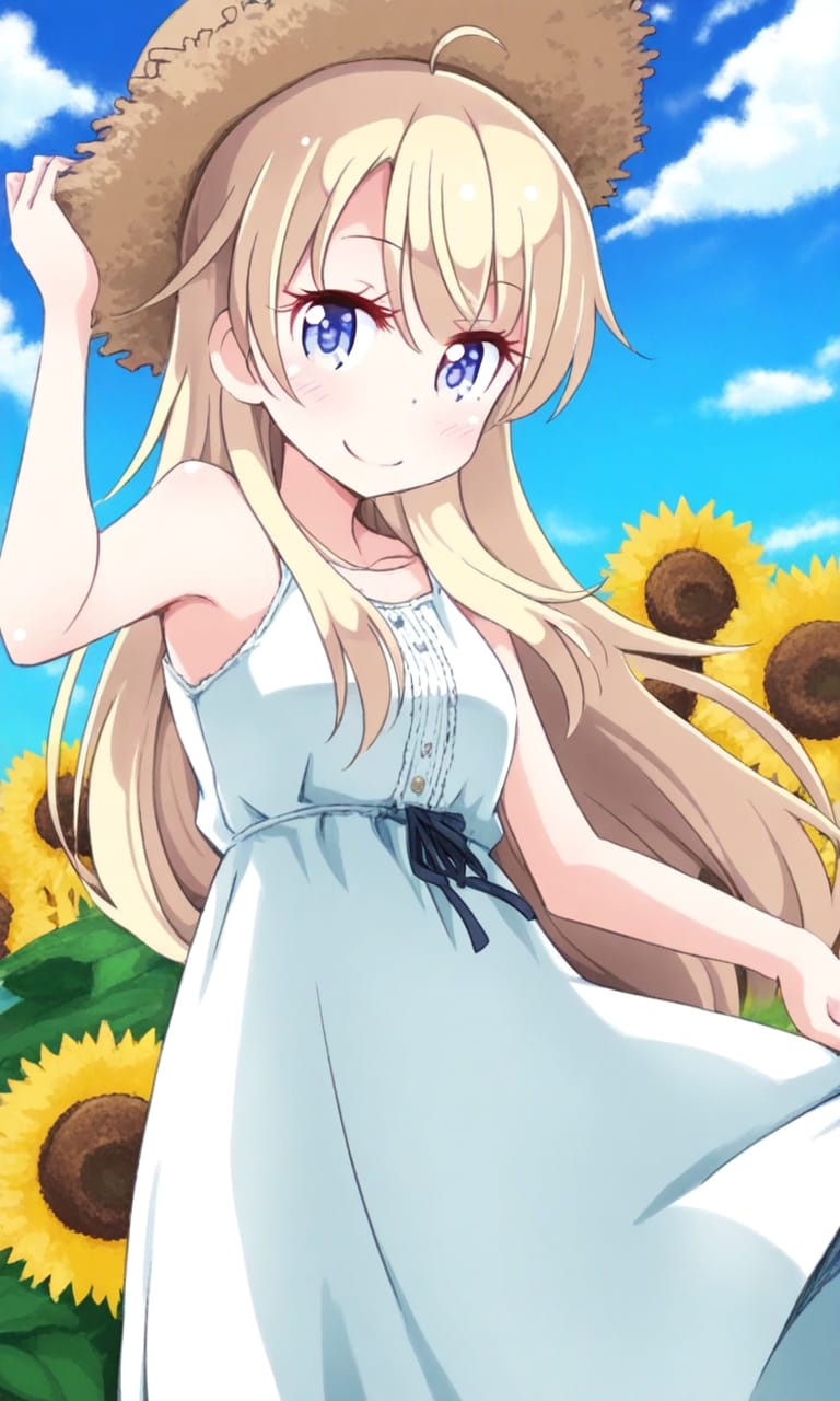八神コウ 麦わら帽子とワンピース ひまわり畑