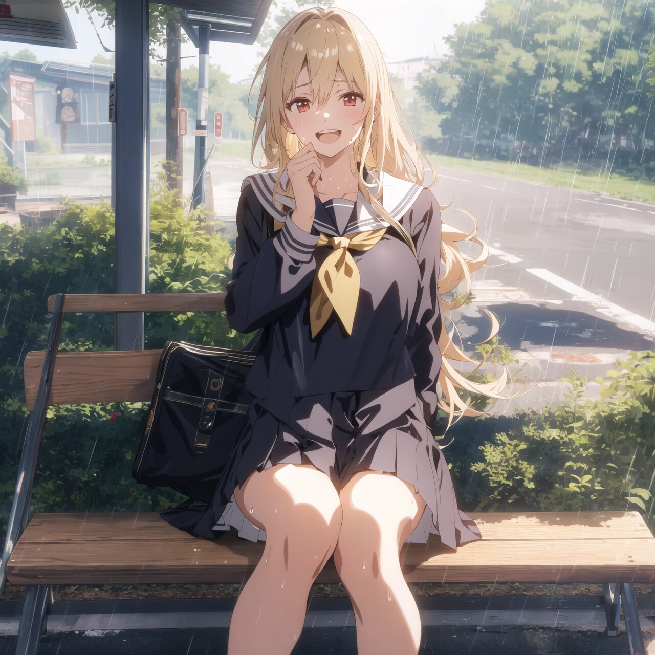 雨のバス停で彼女は笑う