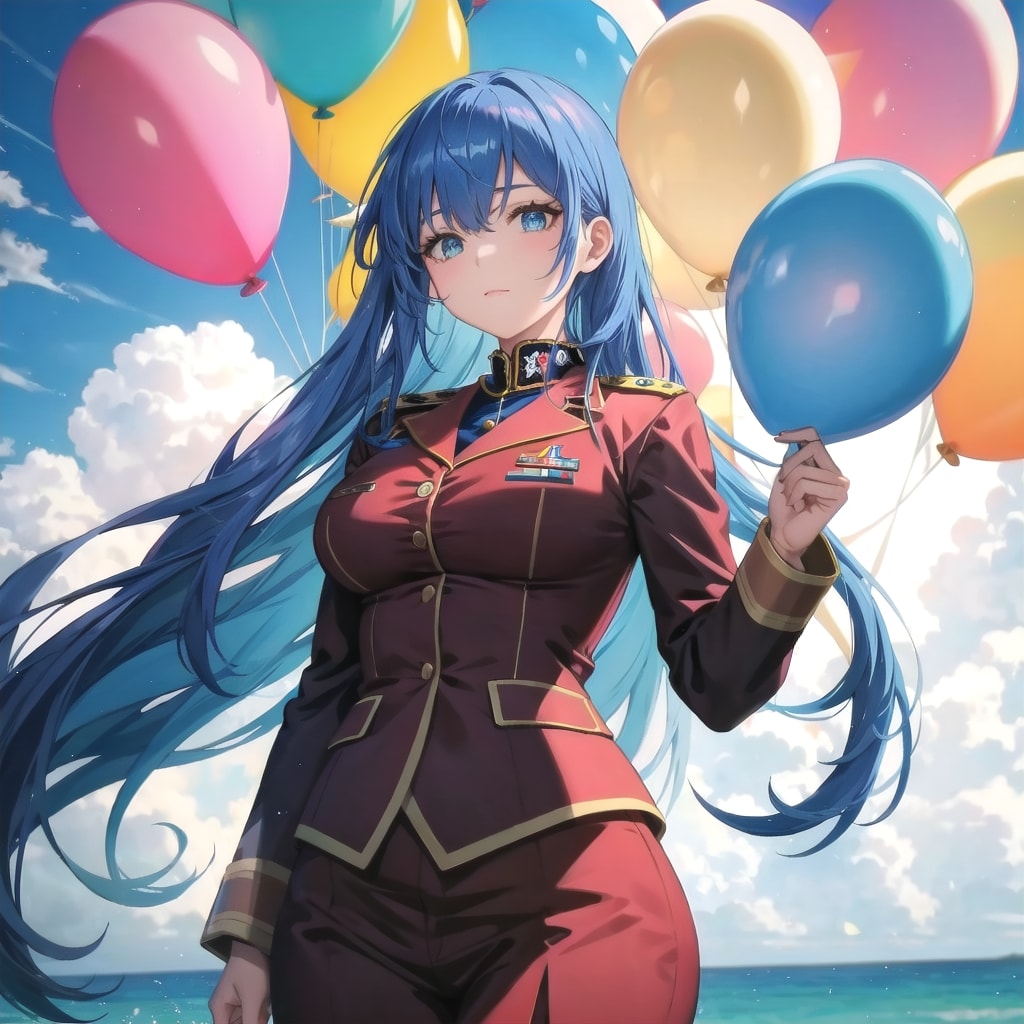 いっぱい色とりどりの風船を持つ青い髪ロングの海兵服着た美女 | の人気AIイラスト・グラビア