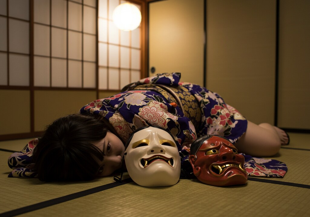 能面と和装女性