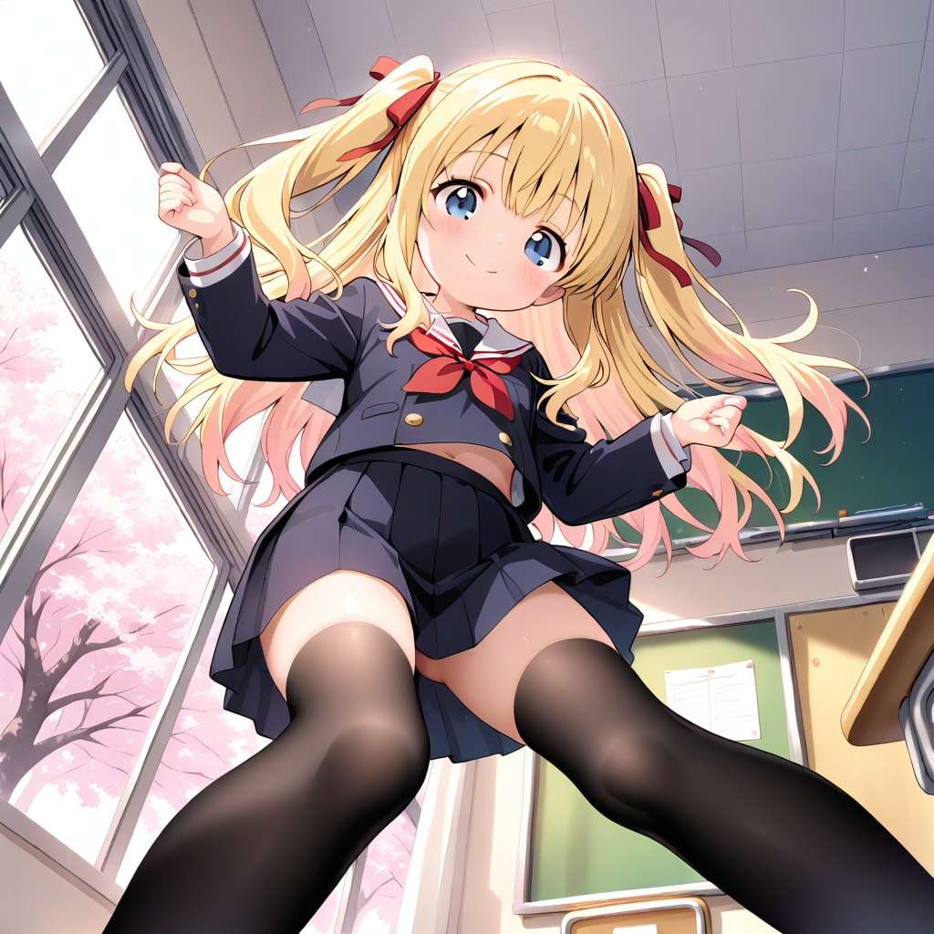 「待っててね❤️」金髪ツインテJK莉奈の春の教室ポーズ🌸😊