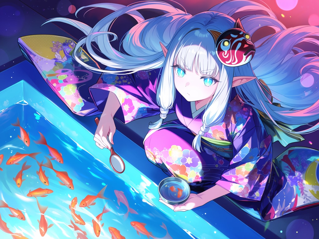 金魚すくいを楽しむエルフの女の子