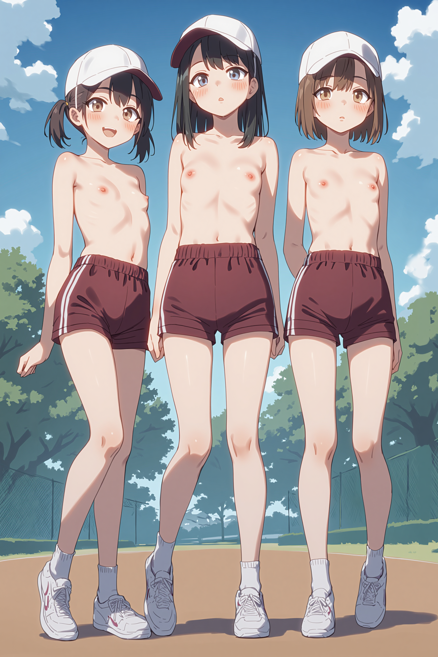 上半身裸+体操着の短パン+赤白帽