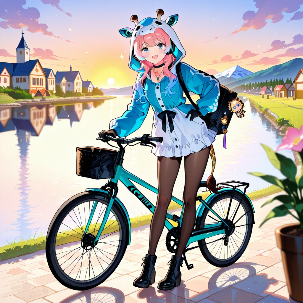 夕暮れの湖畔の街と自転車とキリンフーディーお姉さん | の人気AIイラスト・グラビア