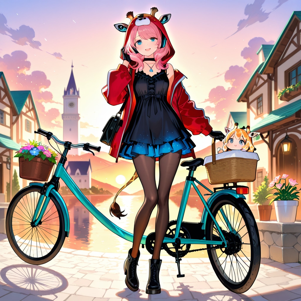 夕暮れの湖畔の街と自転車とキリンフーディーお姉さん