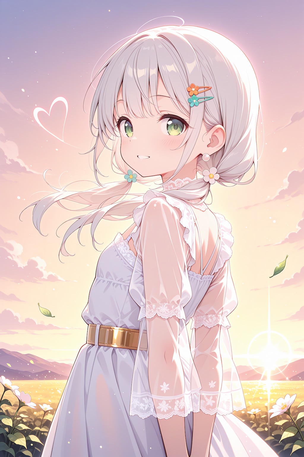 夕暮れと白い花畑