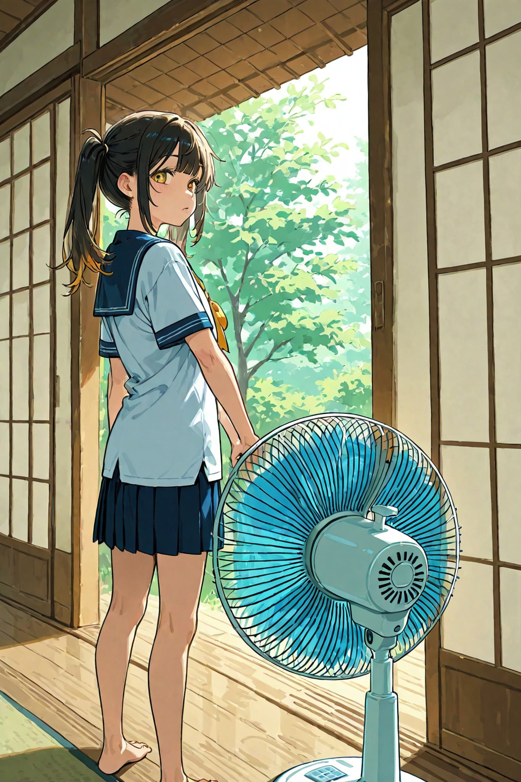 レタッチ修正した「電動扇風機向かって「あ゛〜」をする少女　2枚目が元画