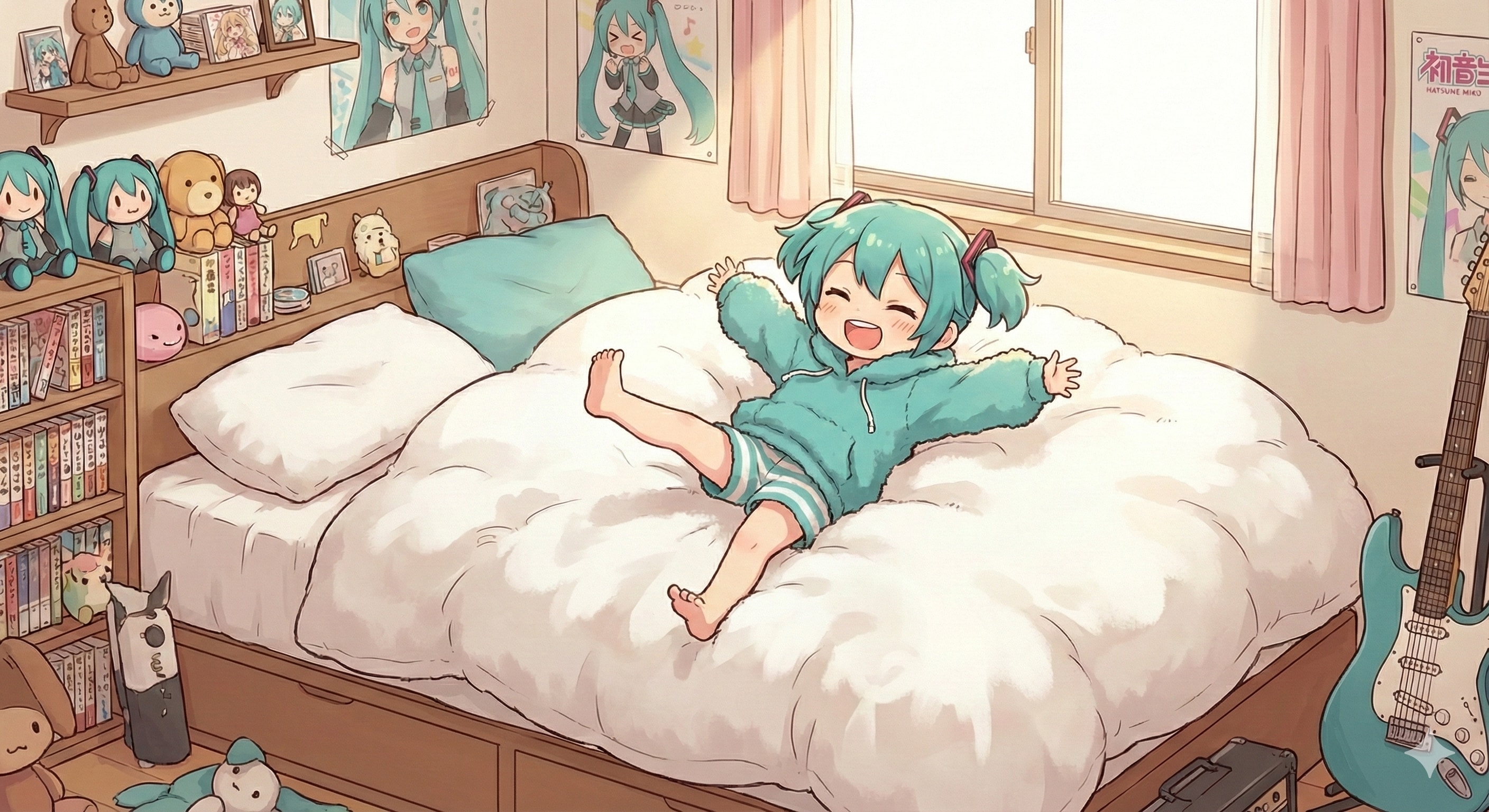 新しいお布団ではしゃぐ ミクちゃん | の人気AIイラスト・グラビア