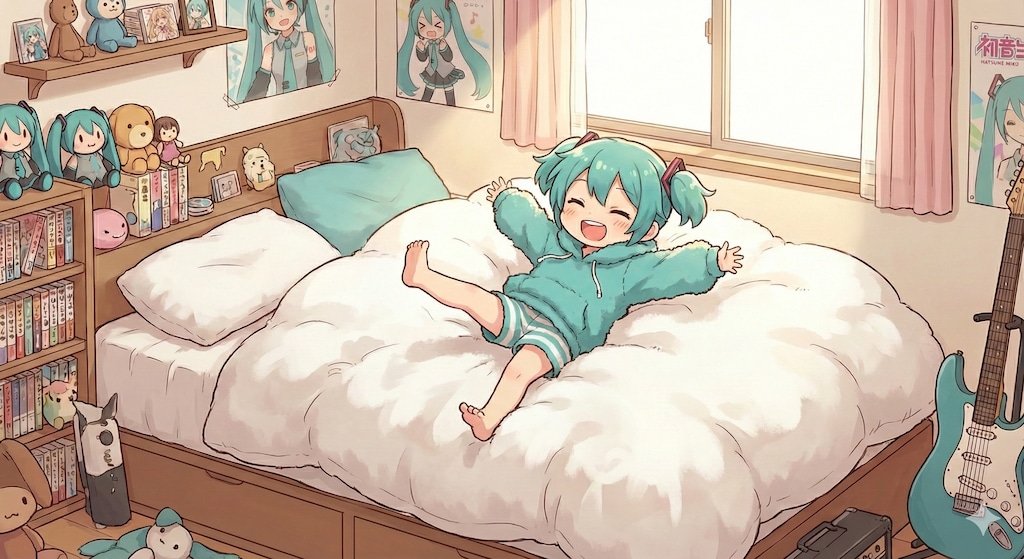 新しいお布団ではしゃぐ ミクちゃん