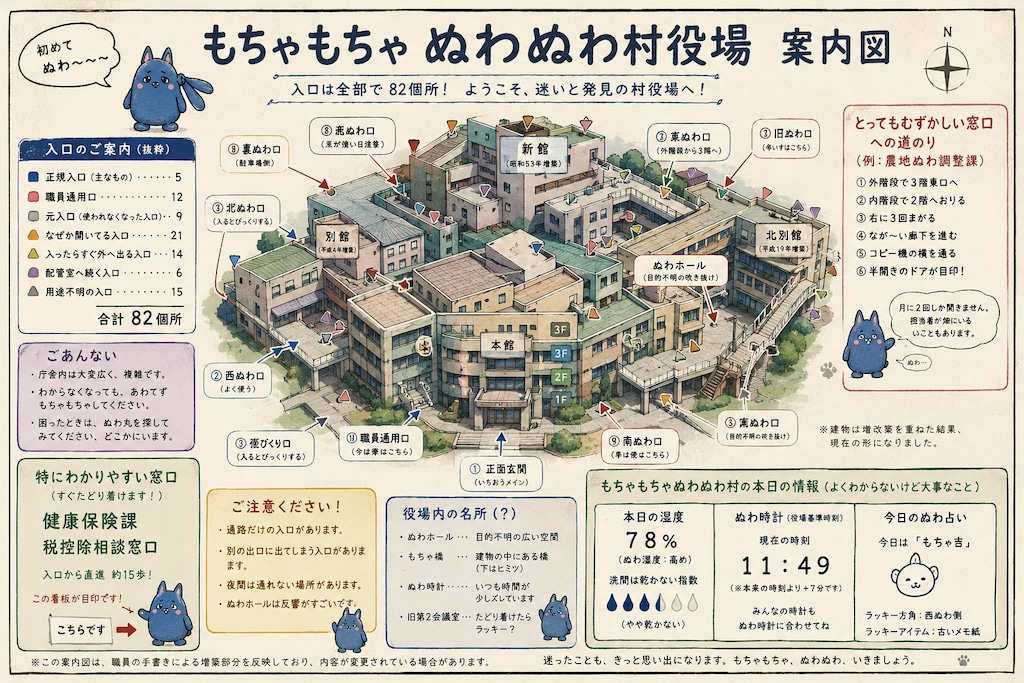 もちゃもちゃぬわぬわ村役場案内図とぬわ時計とぬわ占い