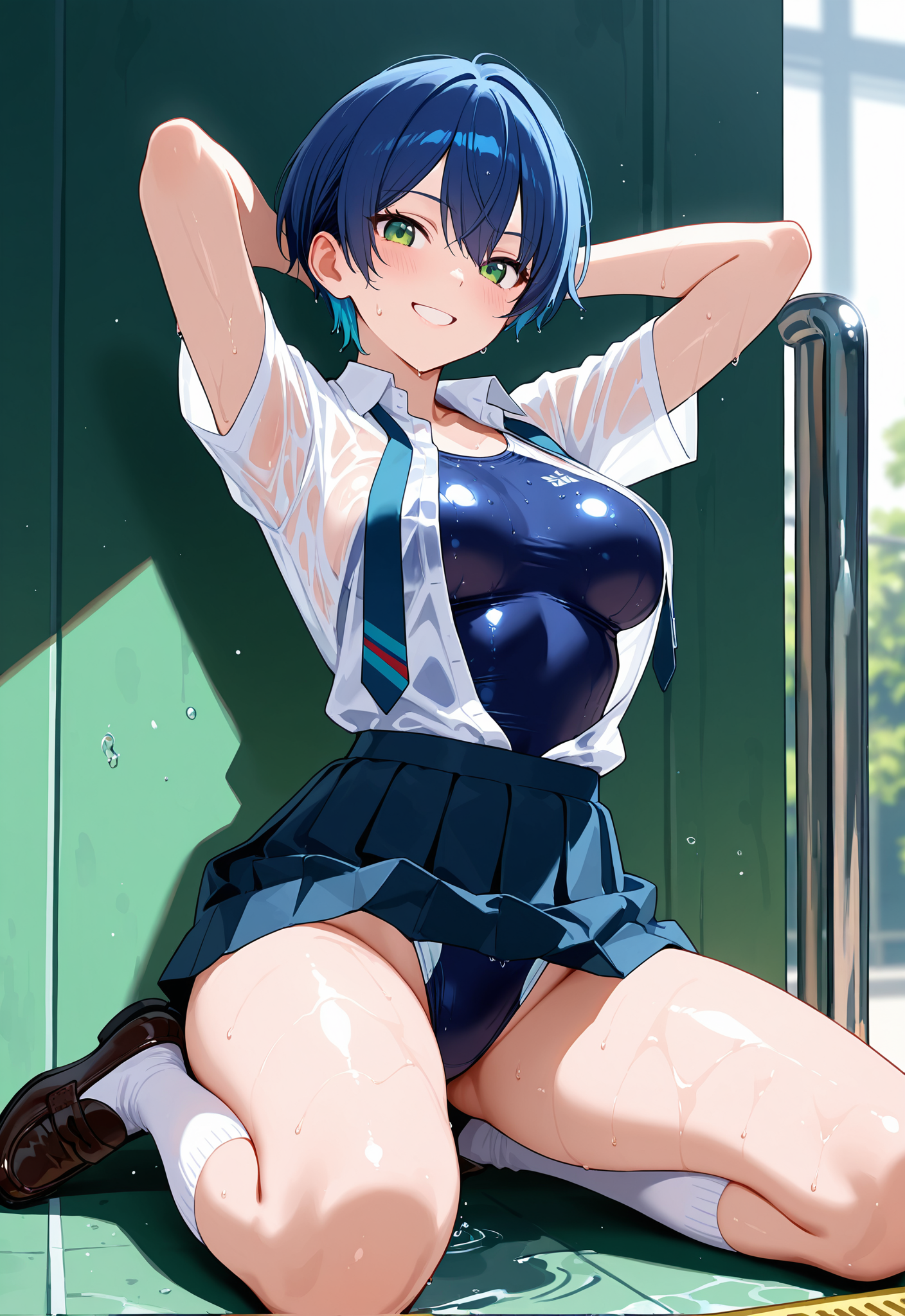 青髪ボーイッシュちゃん競泳水着in制服２