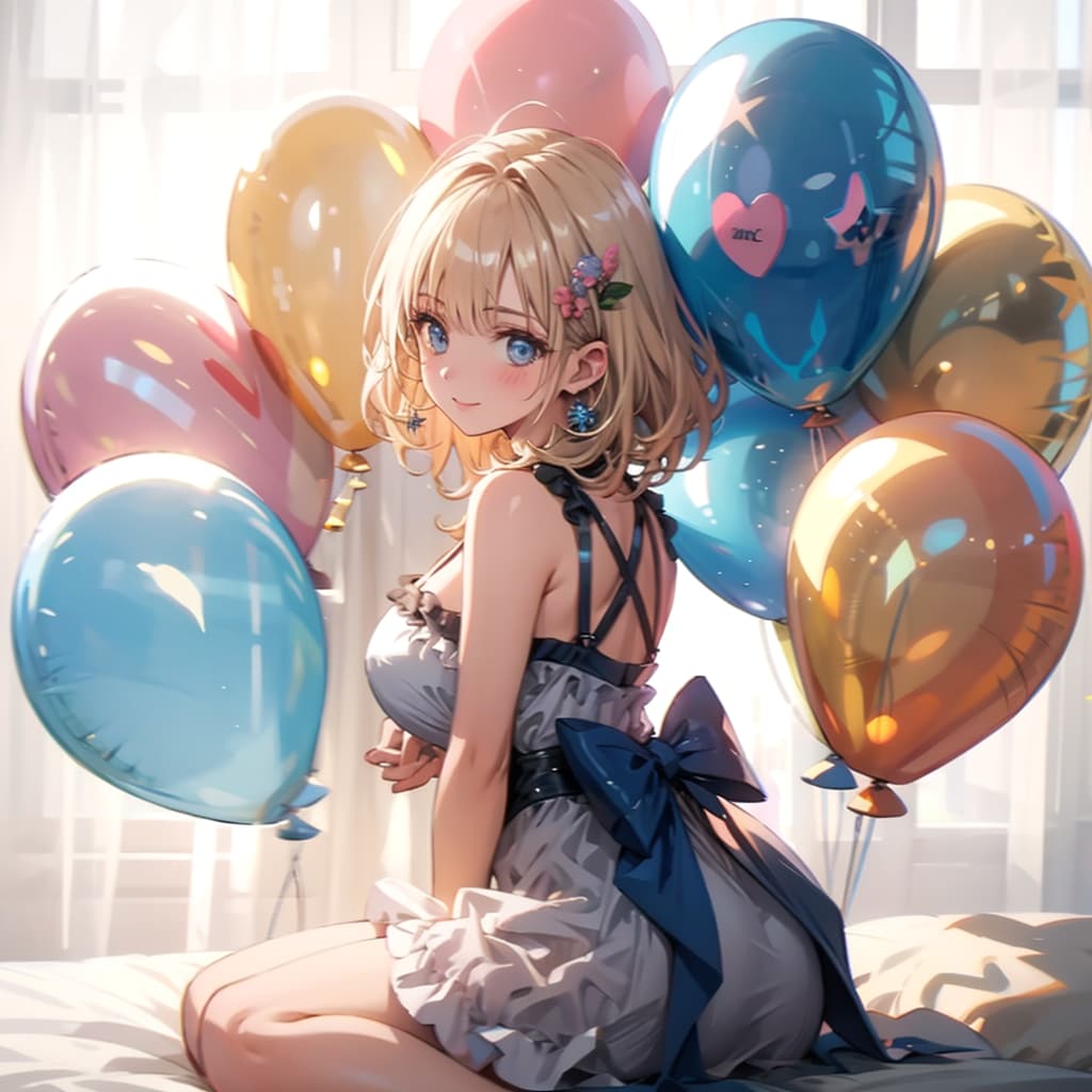 いっぱい色とりどりの風船を持つブロンドのお姫様