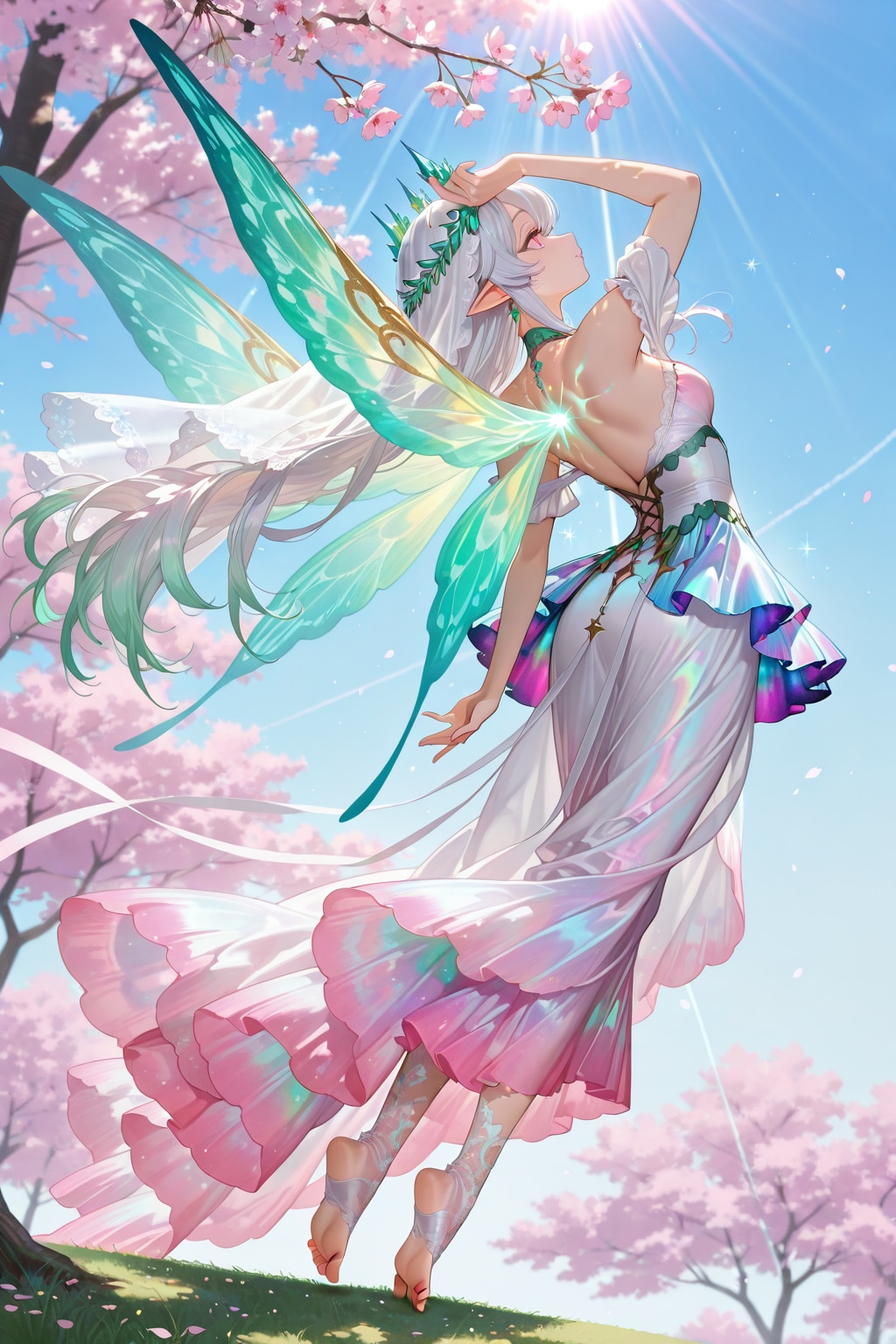 満開の桜も強い陽射しを浴びて、眩い光を避けている蝶の精霊 | の人気AIイラスト・グラビア