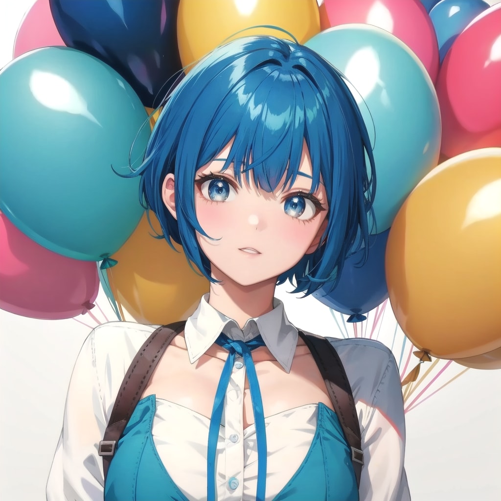 色とりどりの風船を持つ青い髪ショートカットの美女アナウンサー
