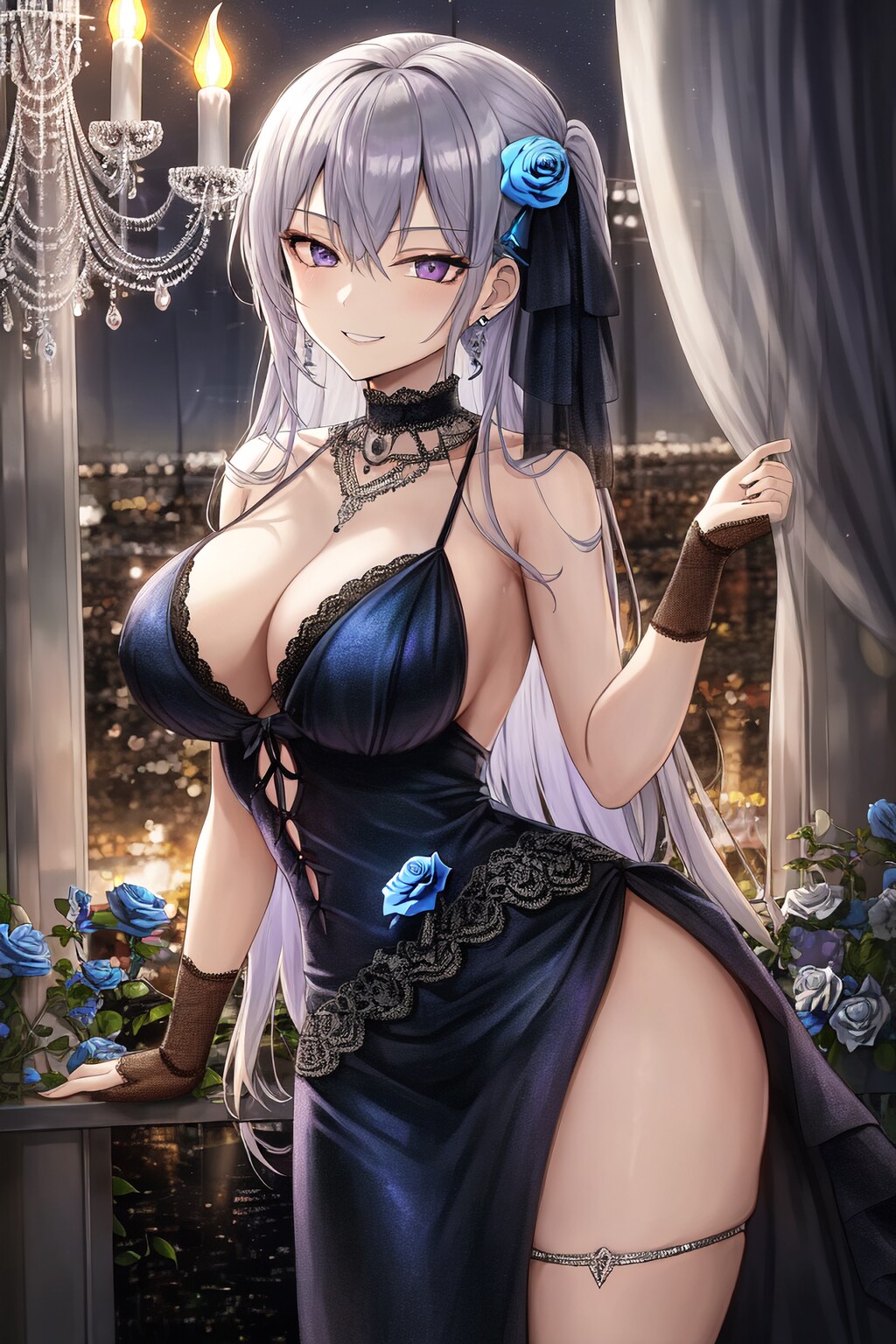 銀髪ロング悪役令嬢ちゃんブラックドレスと青いバラHolaraAI