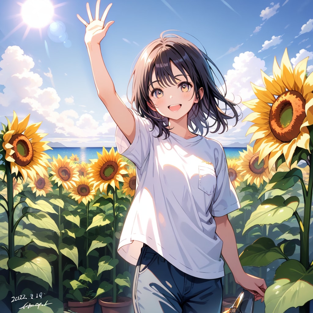 夏空とひまわりを満喫する少女