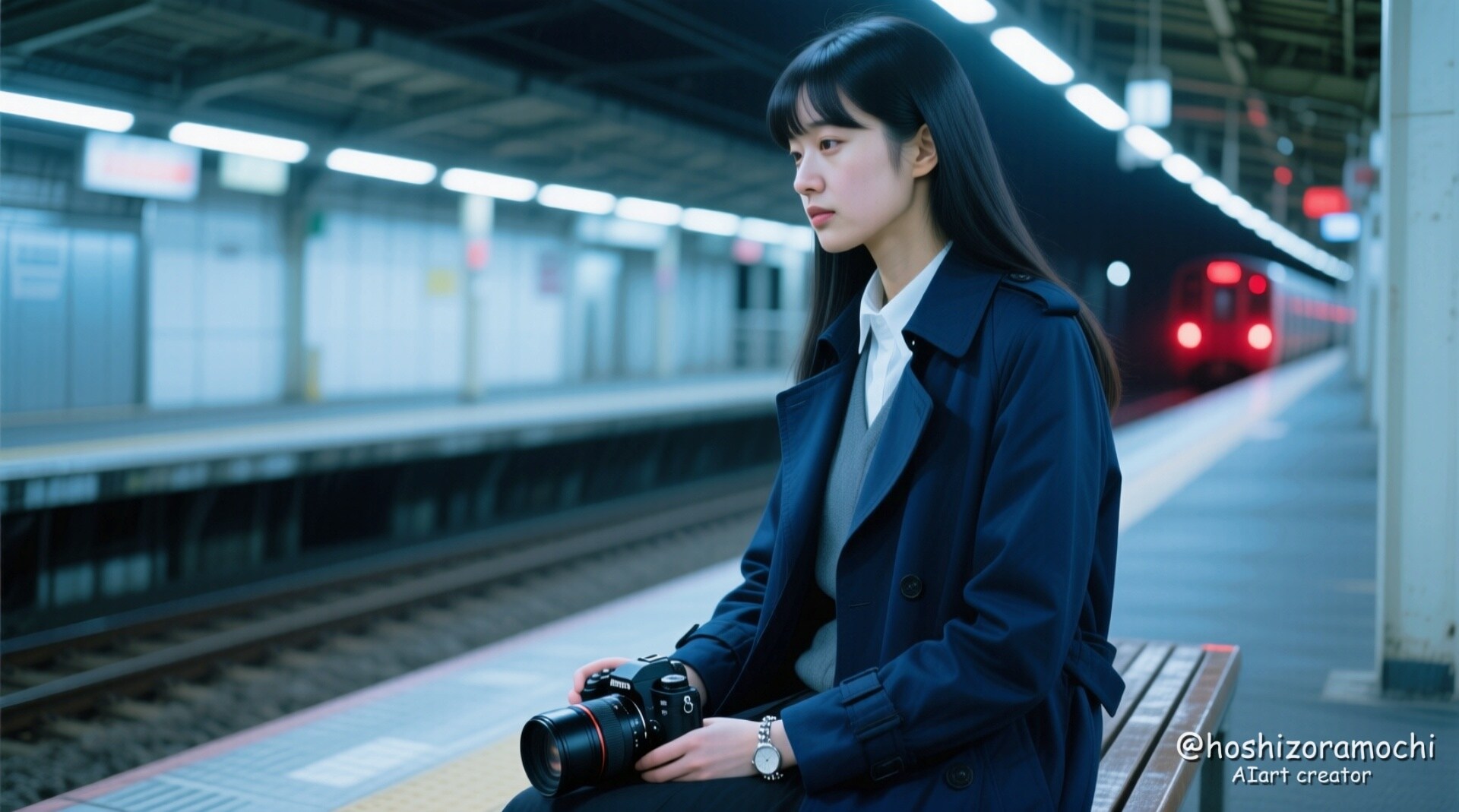 夜の駅のホームで待つミステリアスな旅人