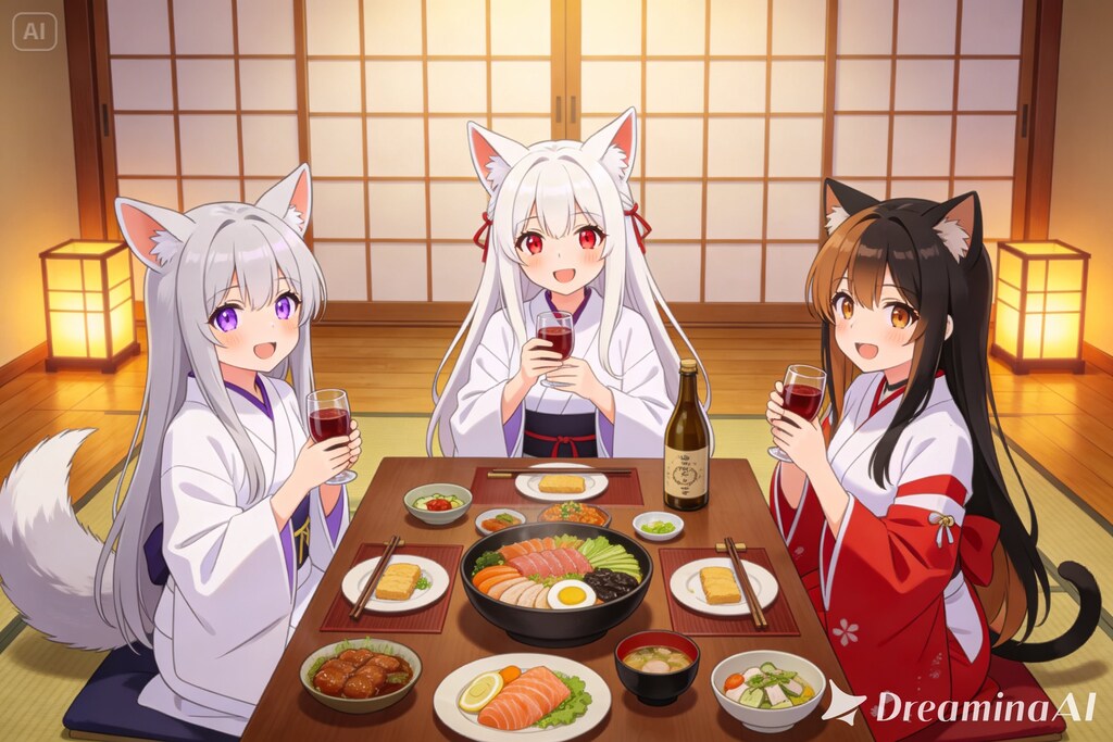お酒と料理を楽しむリスの御神体とキツネの御神体様とさくらちゃん