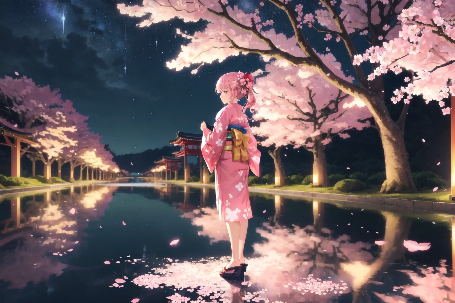 水面に映る夜桜 | の人気AIイラスト・グラビア