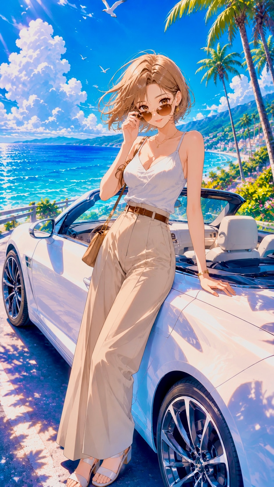 夏の海と白のオープンカー