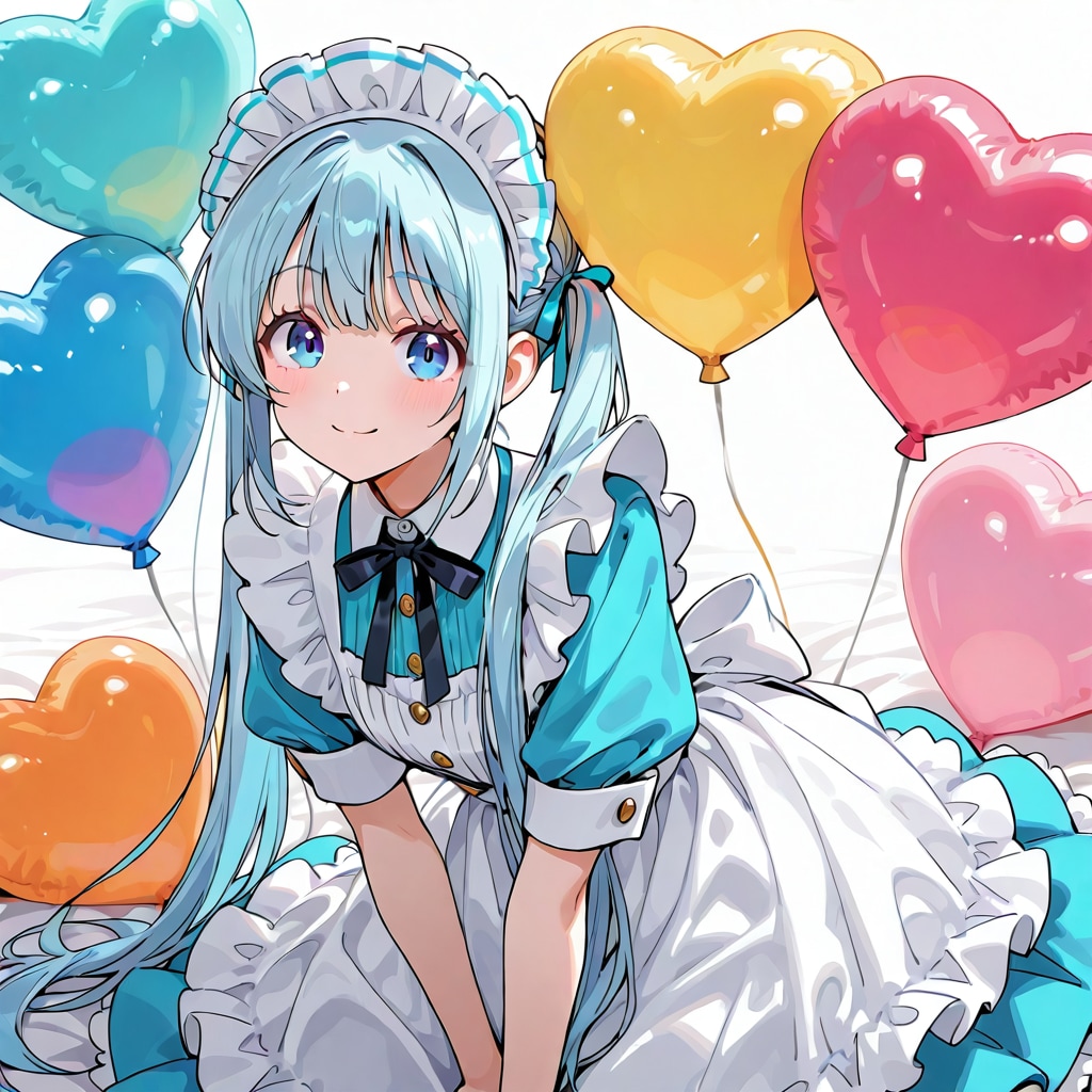 いっぱい色とりどりのハート風船を持つ水色髪ツインテールのメイド服着た美少女