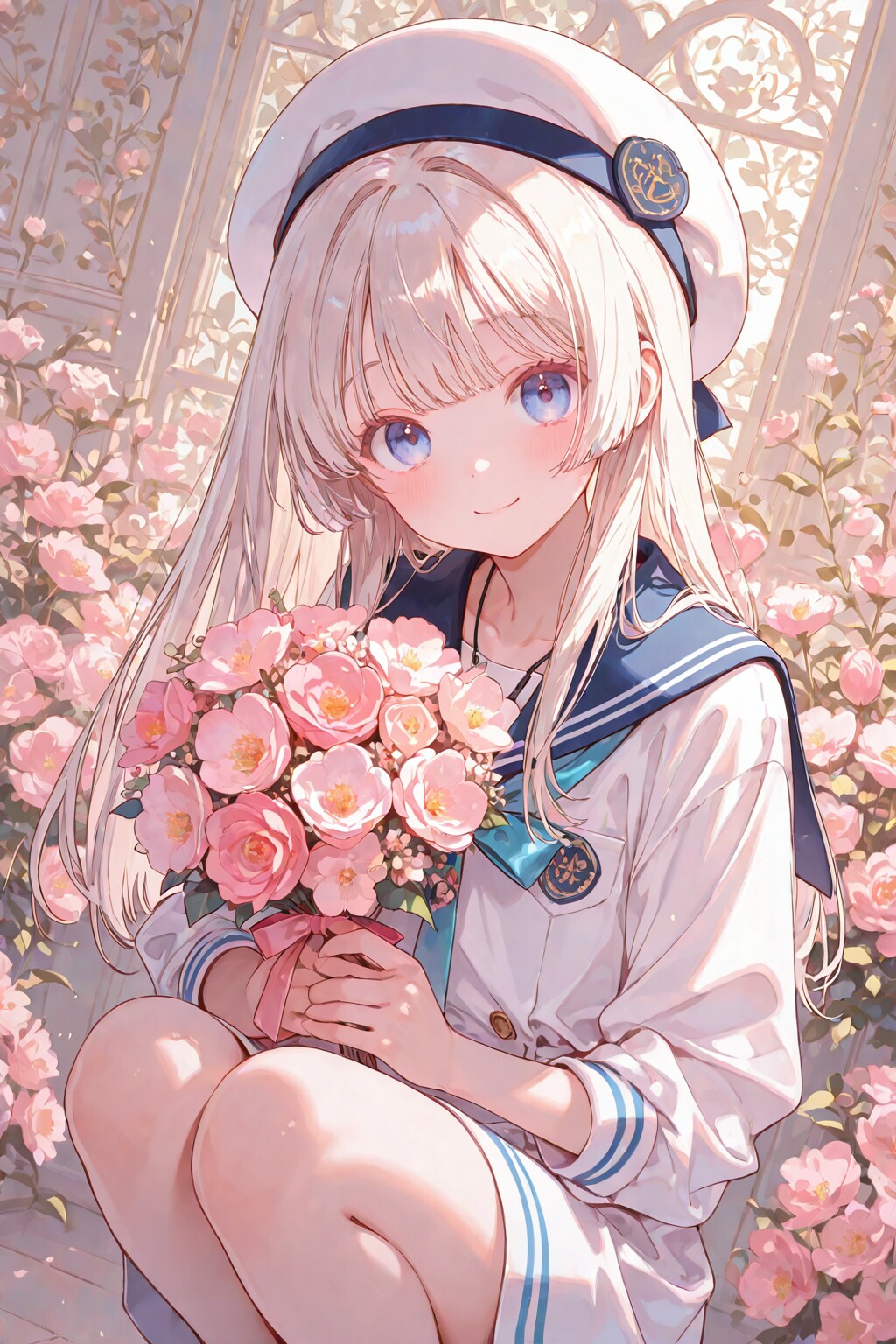 花束とセーラー少女
