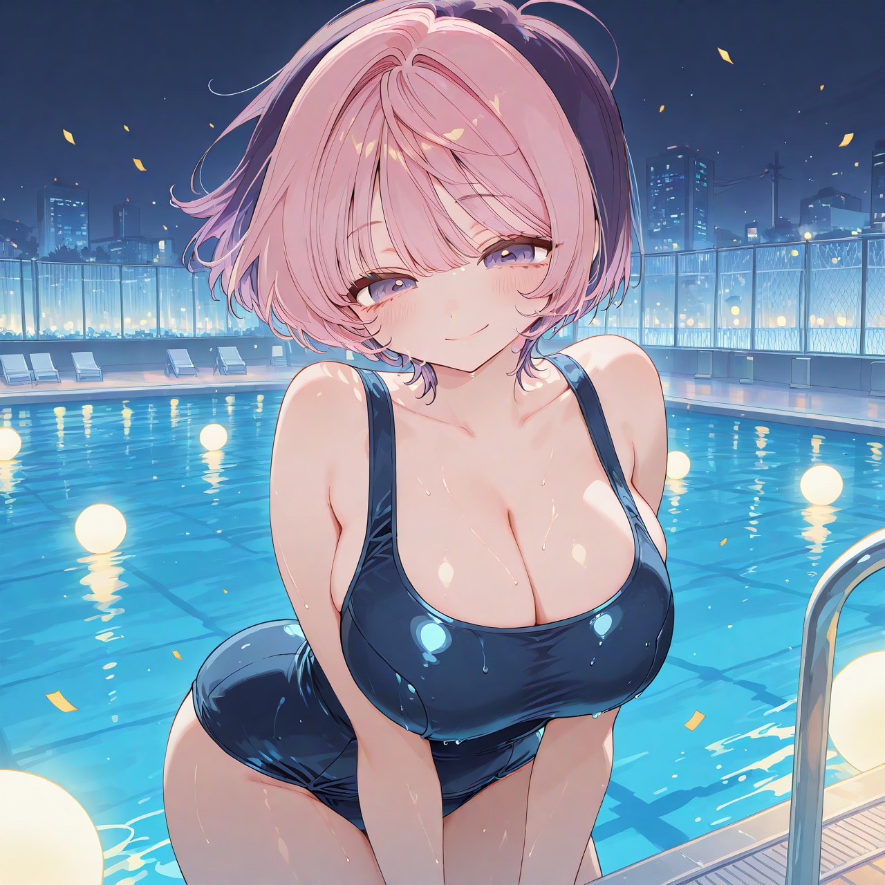 のあ先輩、スク水でナイトプール。