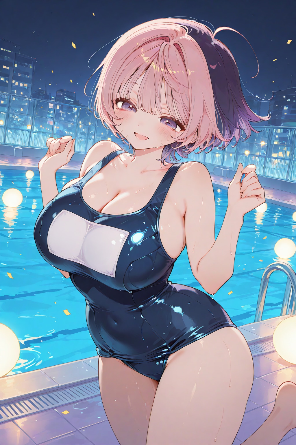 のあ先輩、スク水でナイトプール。