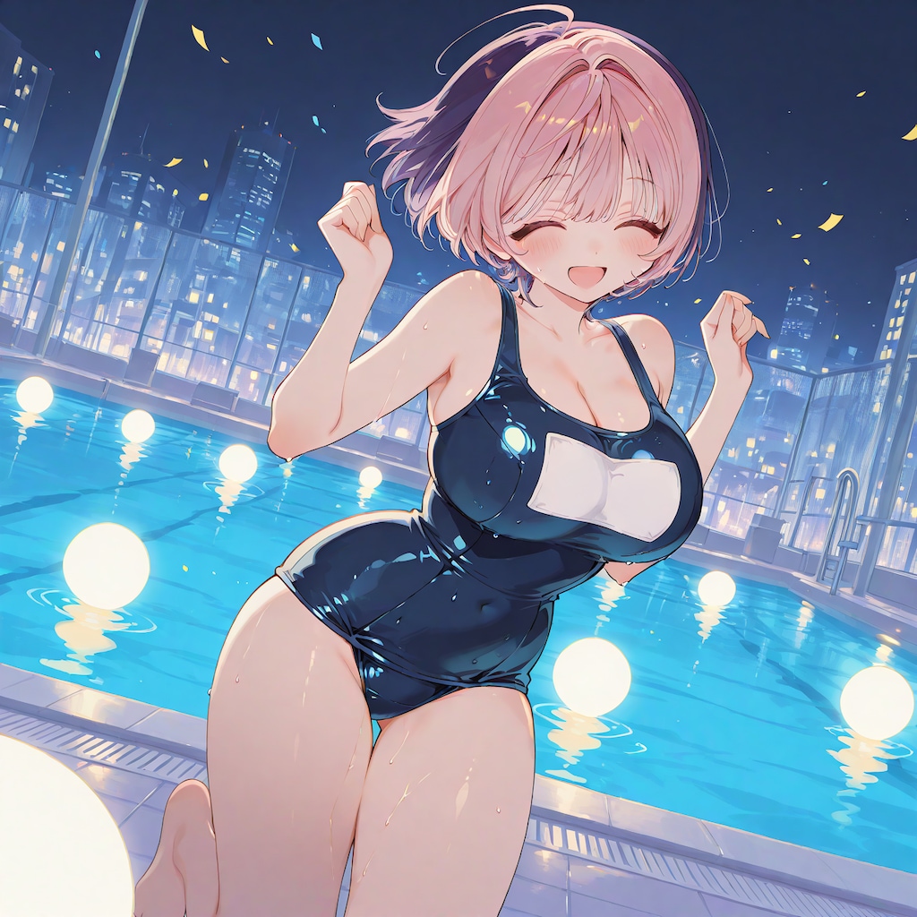 のあ先輩、スク水でナイトプール。