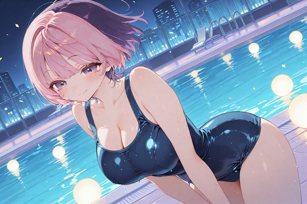 のあ先輩、スク水でナイトプール。