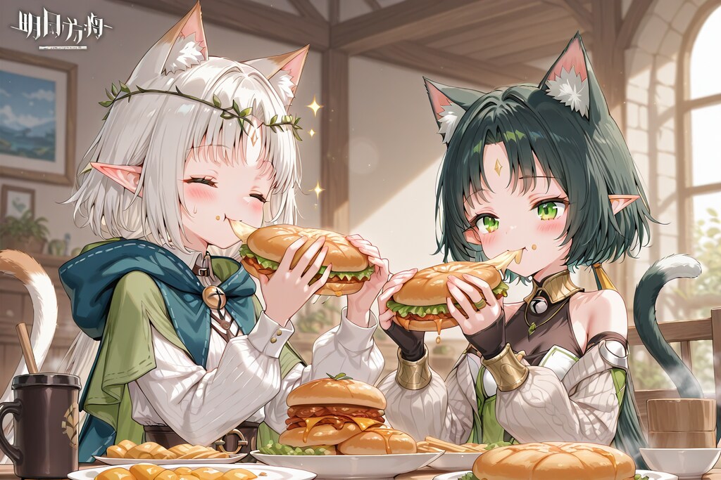 ハンバーガーを食べるネコ耳