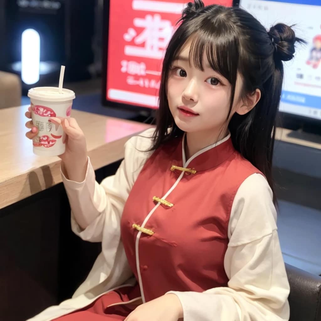 黒髪ツイン団子で中華服の美女２２