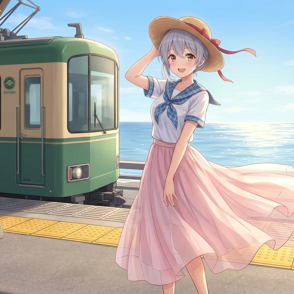 エル「江ノ電で海にやってきましたっ！」