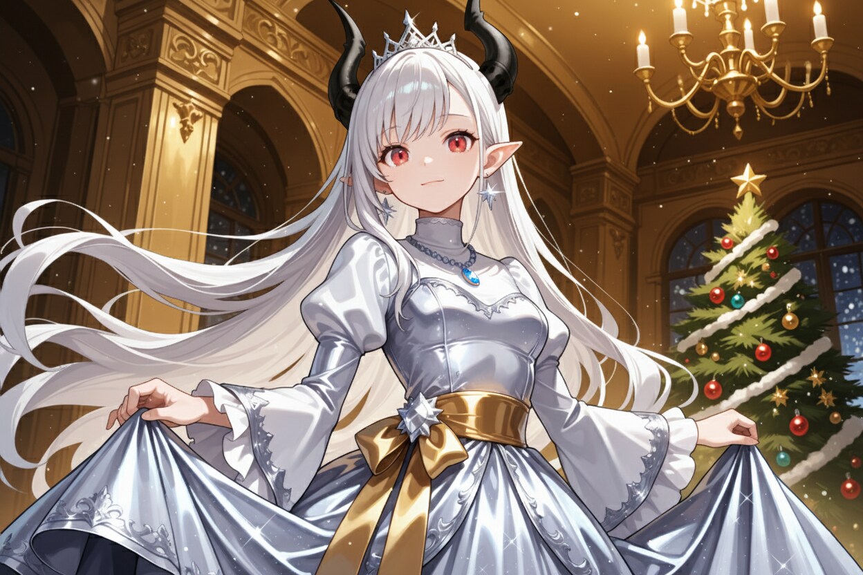 白銀ドレスでクリスマスパーティに参加する銀髪竜姫さん