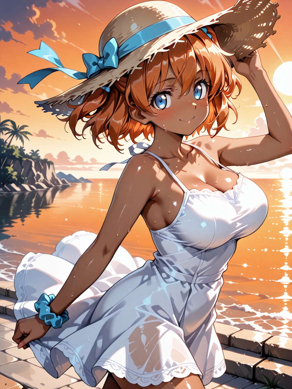 褐色ちゃんと夕暮れの海辺で