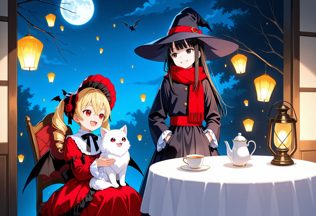 吸血鬼ナナシーさんと白の魔獣ミルヒヴァイスさんに声をかける魔女さん