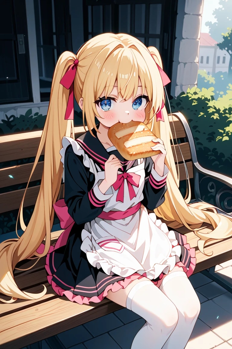 「おいしいよ♡」金髪ツインテメイド莉奈のベンチランチタイム🌸🍞 | の人気AIイラスト・グラビア