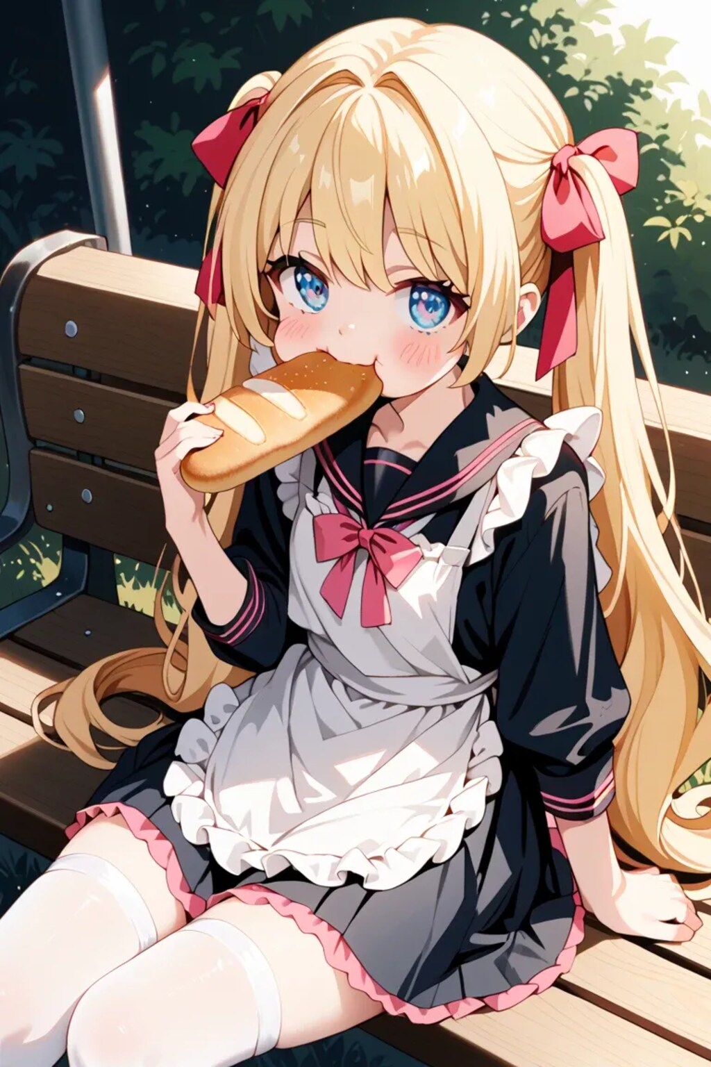 「おいしいよ♡」金髪ツインテメイド莉奈のベンチランチタイム🌸🍞