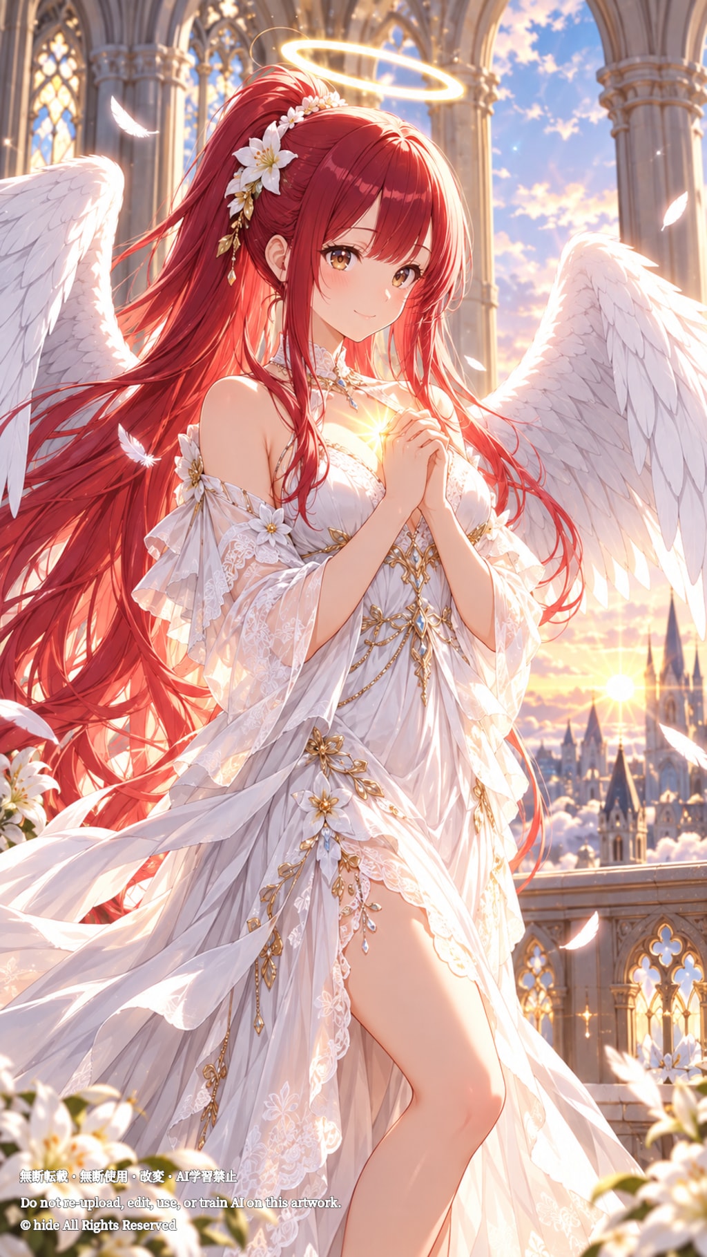 ミカエルさん、光の中で祈る天使
