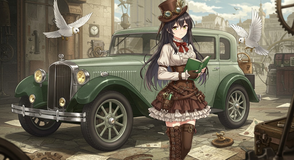 スチームパンククラシックカーと少女