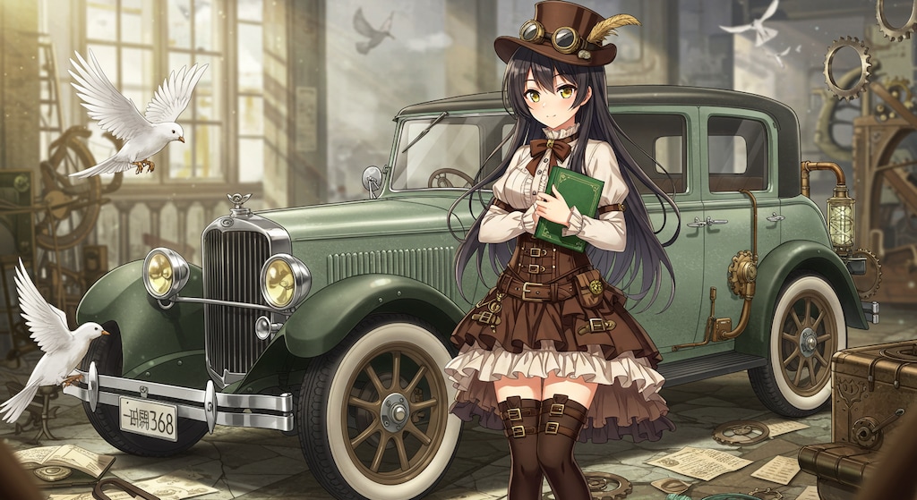スチームパンククラシックカーと少女